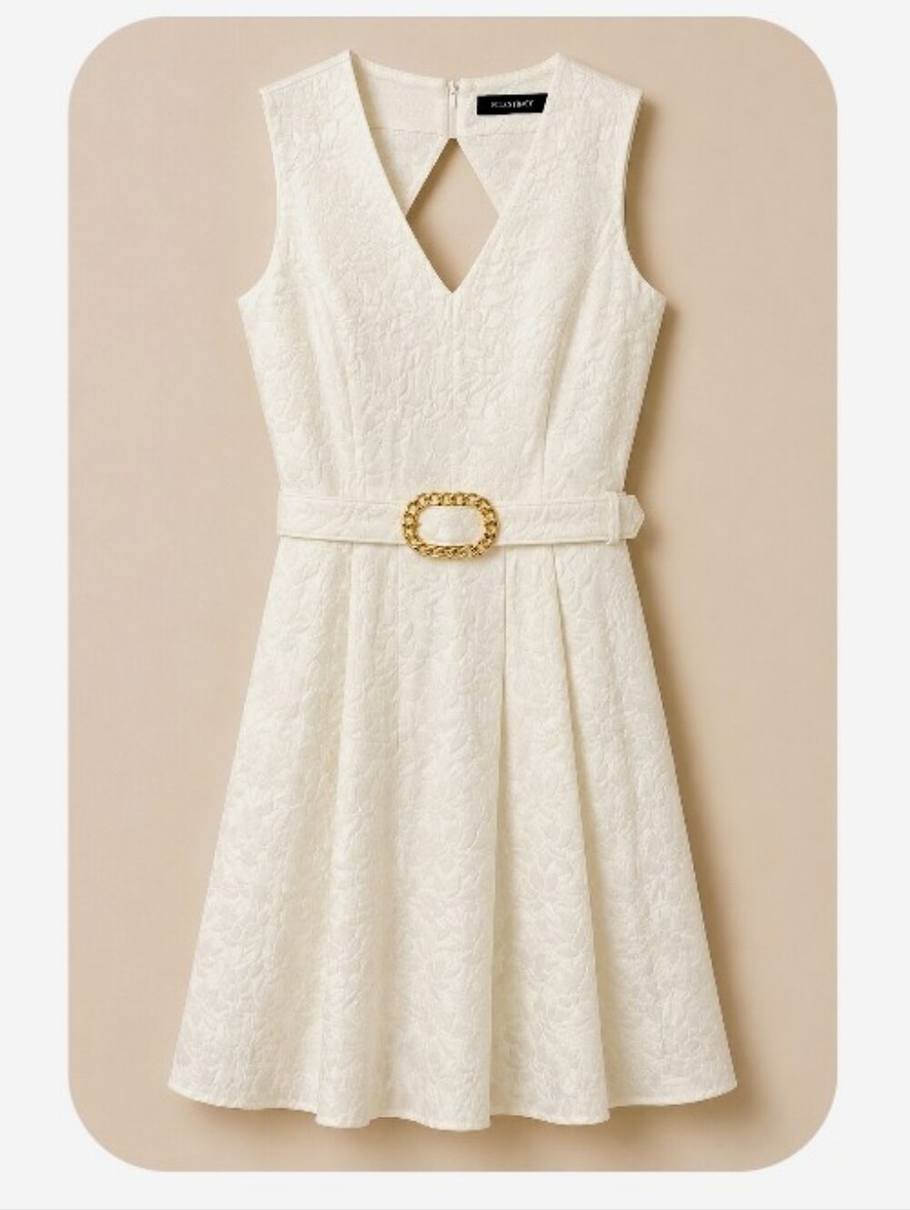 Ellen Tracy White Textured Fit & Flare Dress with Gold Buckle Belt